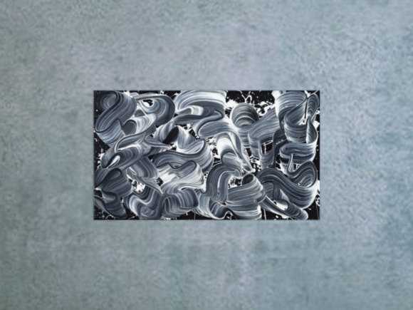 Gemälde Original abstrakt 40x70cm Minimalistisch Moderne Kunst auf Leinwand Action Painting schwarz weiss schwarz anthrazit einzigartig