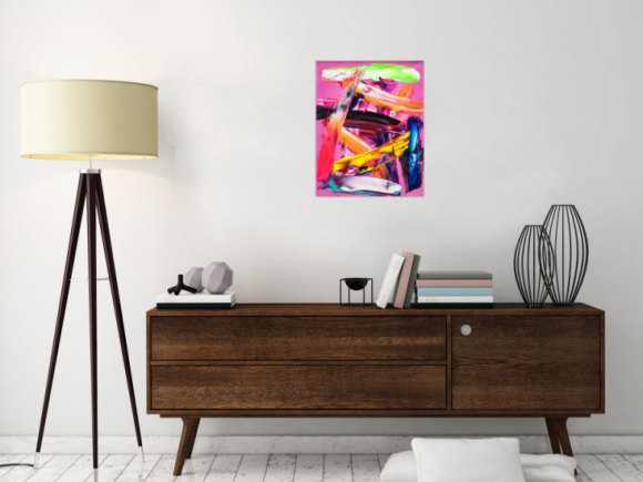 Abstraktes Original Gemälde 50x40cm Spachteltechnik Modern Art handgemalt Action Painting rosa orange rot Einzelstück