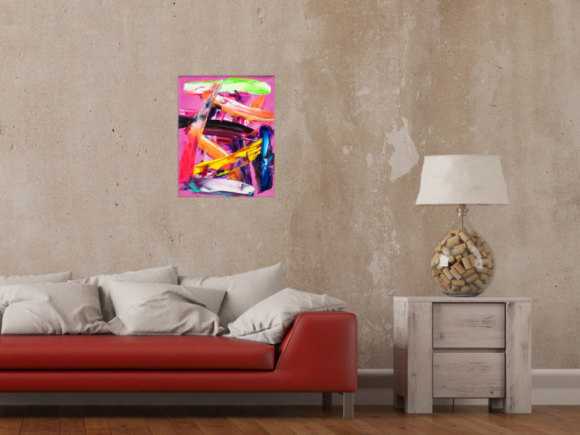 Abstraktes Original Gemälde 50x40cm Spachteltechnik Modern Art handgemalt Action Painting rosa orange rot Einzelstück