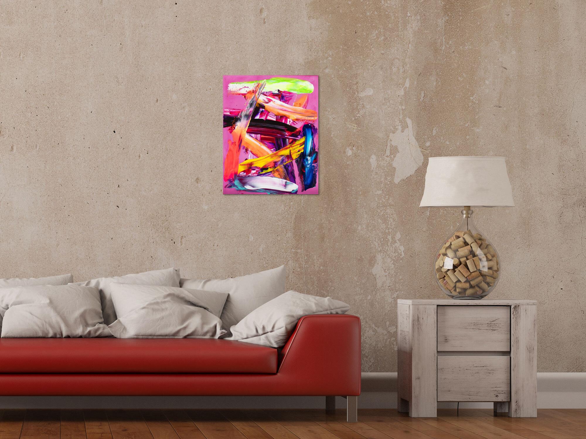 Abstraktes Original Gemälde 50x40cm Spachteltechnik Modern Art handgemalt Action Painting rosa orange rot Einzelstück