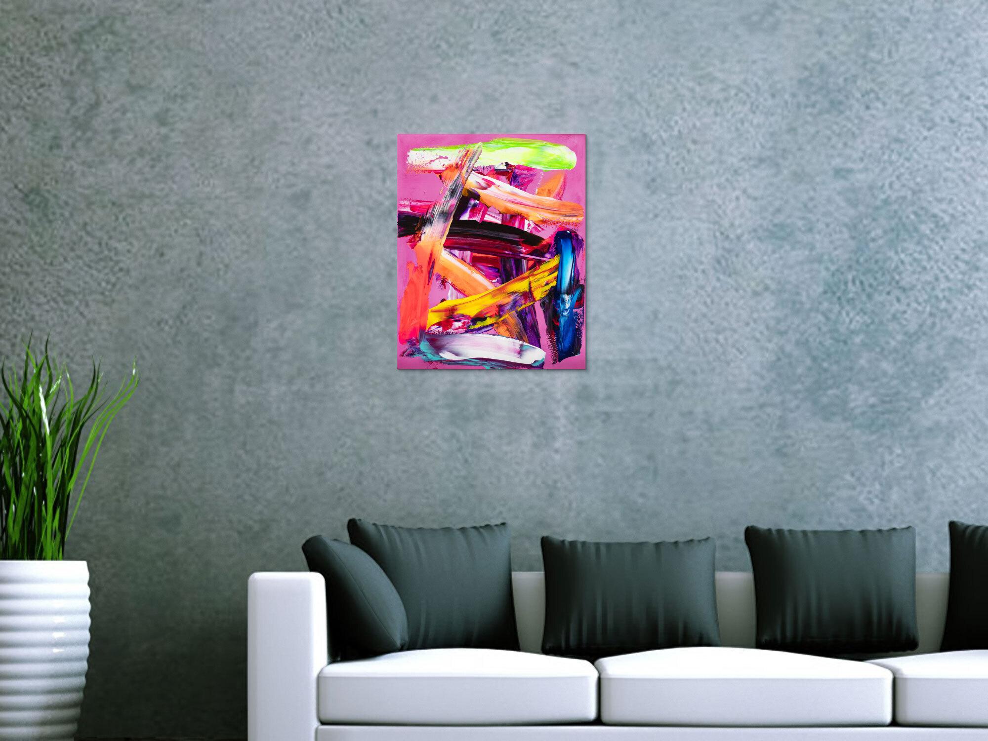 Abstraktes Original Gemälde 50x40cm Spachteltechnik Modern Art handgemalt Action Painting rosa orange rot Einzelstück