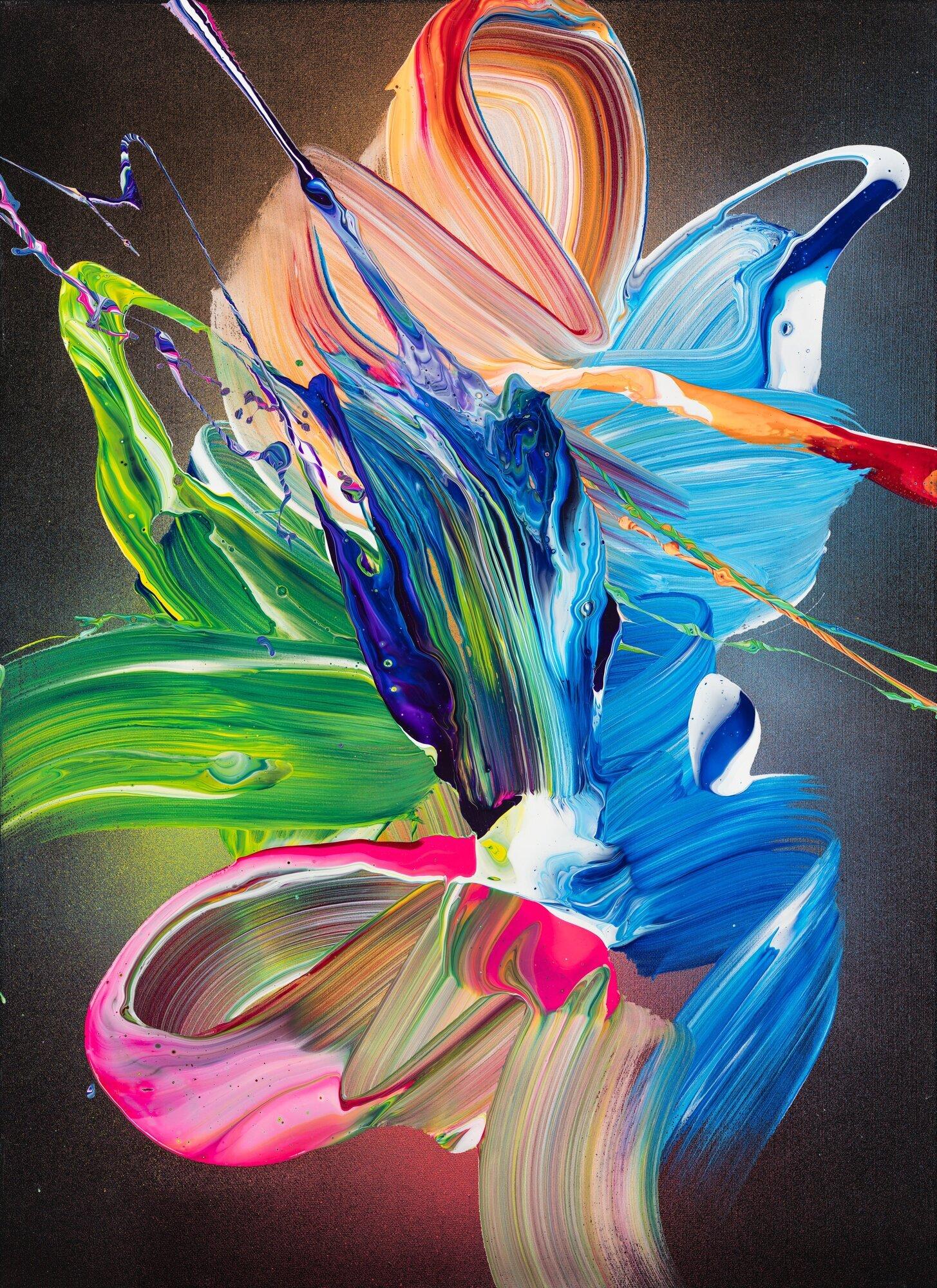 Gemälde Original abstrakt 55x40cm Action Painting Modern Art auf Leinwand Fluid Painting schwarz bunt blau einzigartig