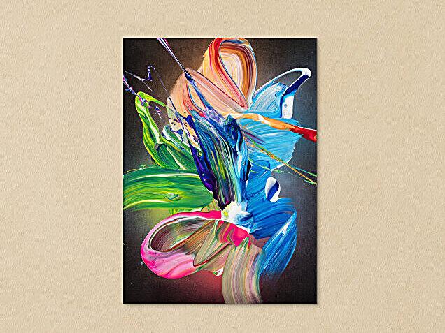 Gemälde Original abstrakt 55x40cm Action Painting Modern Art auf Leinwand Fluid Painting schwarz bunt blau einzigartig