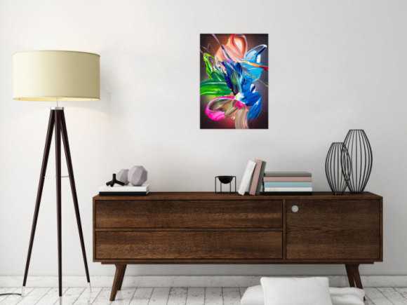 Gemälde Original abstrakt 55x40cm Action Painting Modern Art auf Leinwand Fluid Painting schwarz bunt blau einzigartig