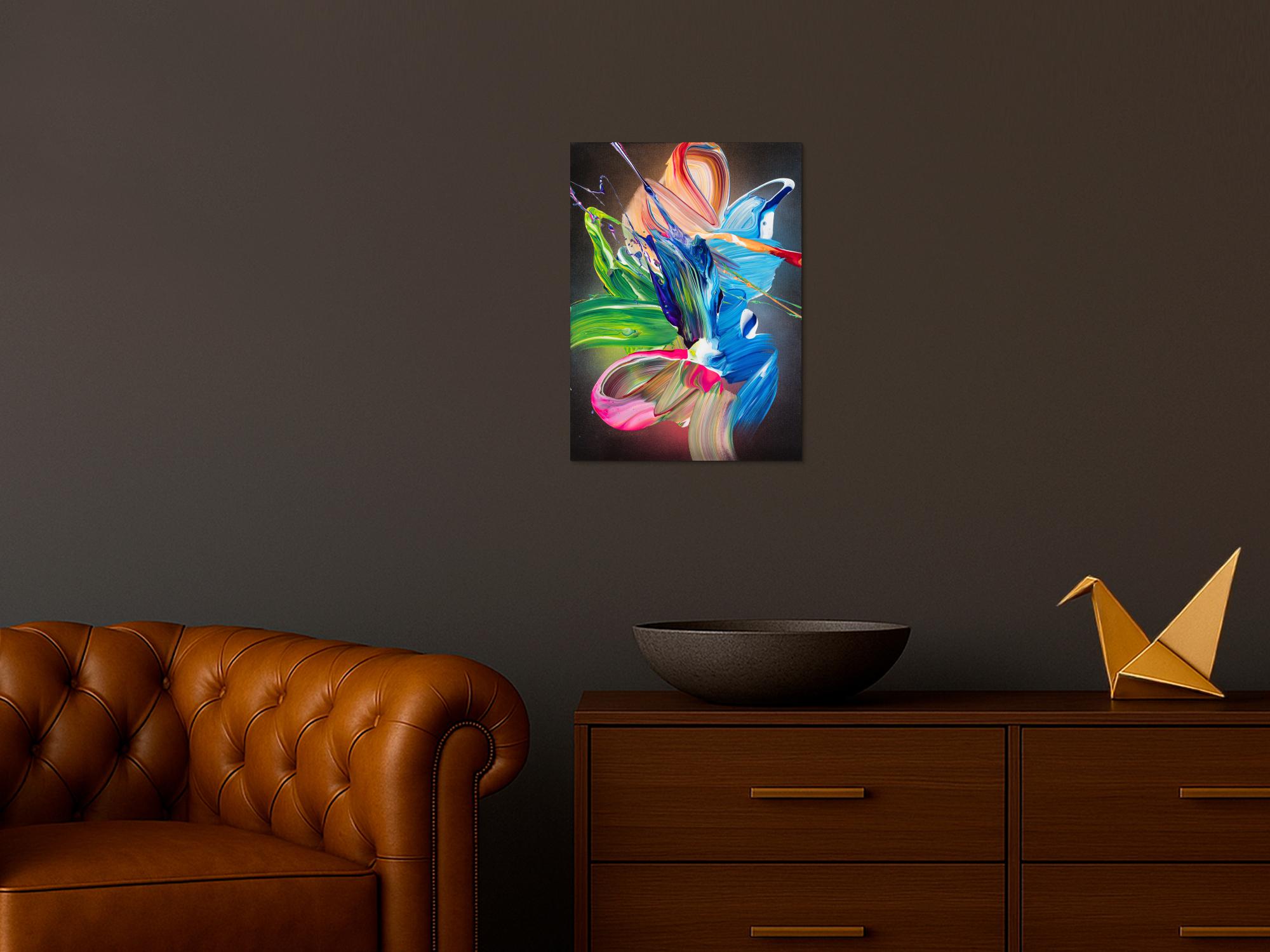 Gemälde Original abstrakt 55x40cm Action Painting Modern Art auf Leinwand Fluid Painting schwarz bunt blau einzigartig