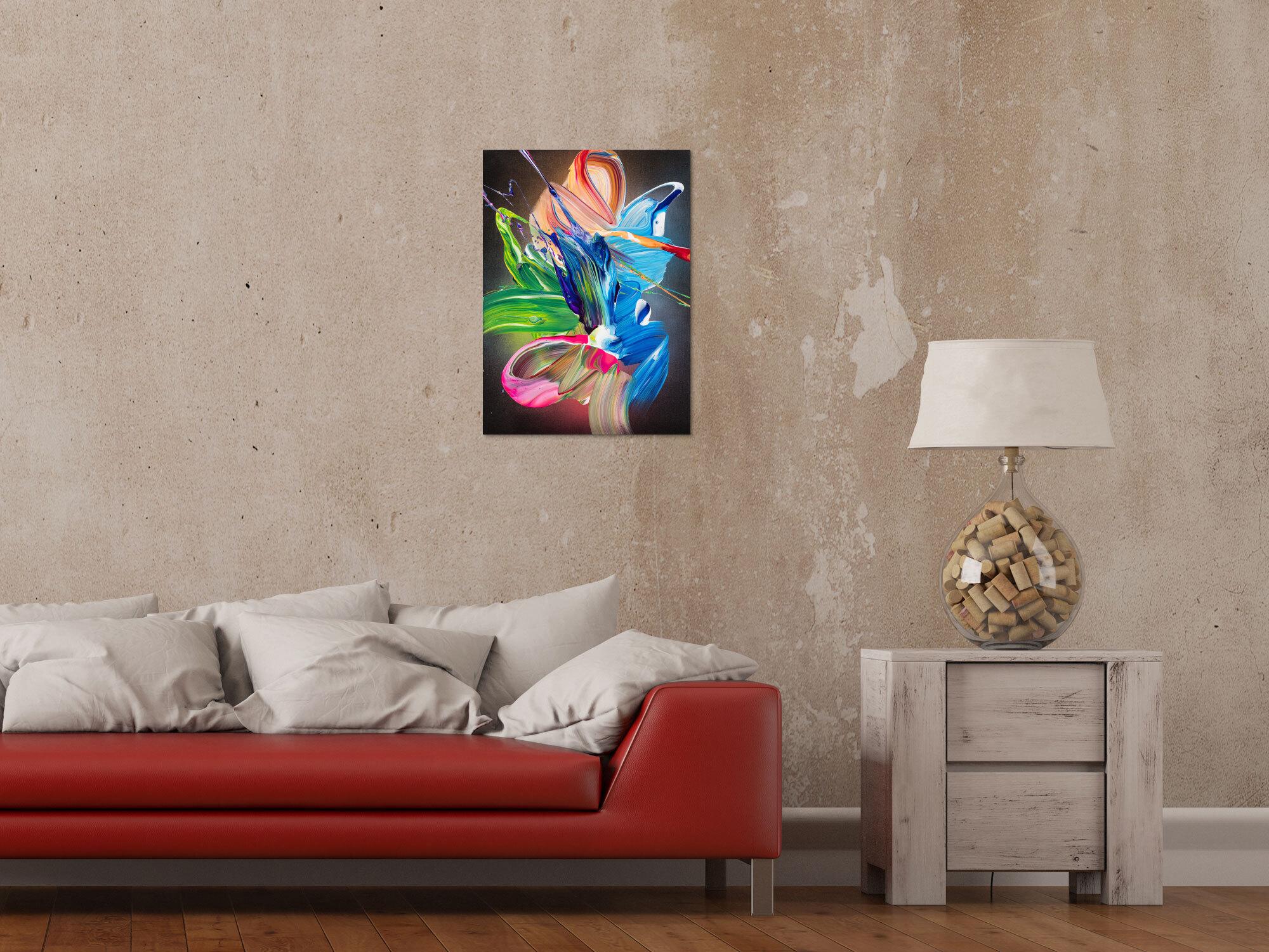 Gemälde Original abstrakt 55x40cm Action Painting Modern Art auf Leinwand Fluid Painting schwarz bunt blau einzigartig