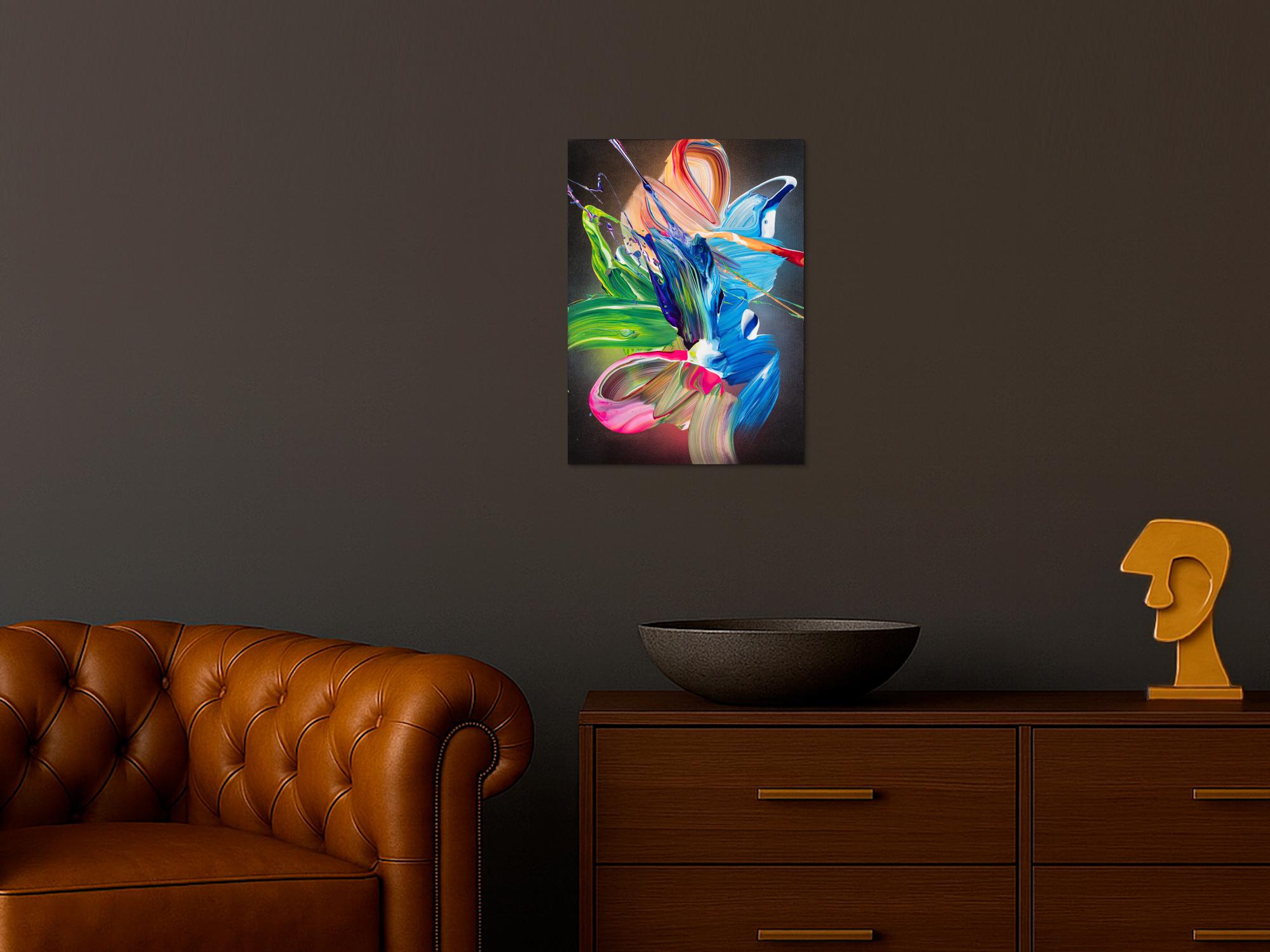 Gemälde Original abstrakt 55x40cm Action Painting Modern Art auf Leinwand Fluid Painting schwarz bunt blau einzigartig