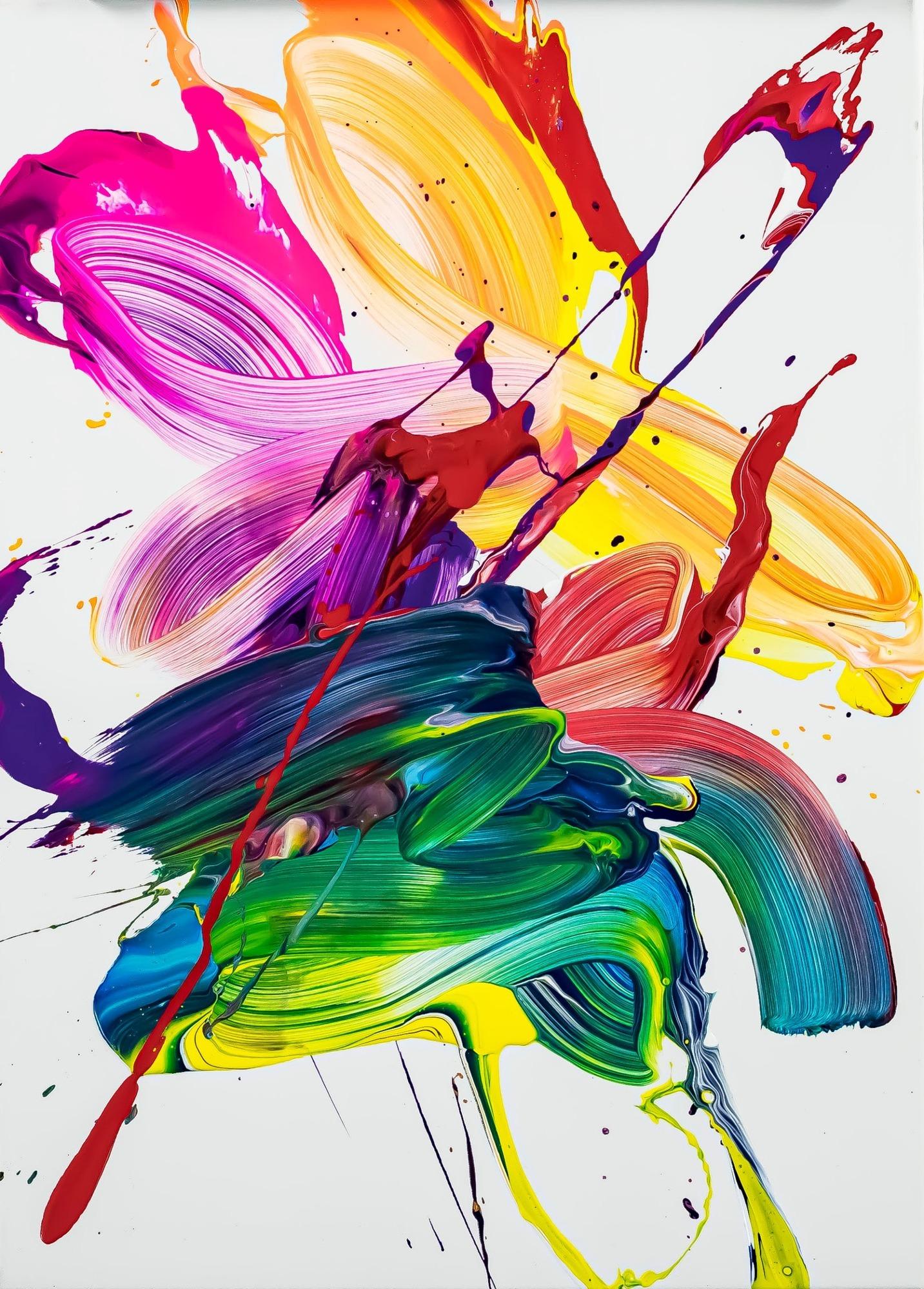 Gemälde Original abstrakt 70x50cm Action Painting Modern Art handgefertigt Fluid Painting weiß bunt gelb Unikat