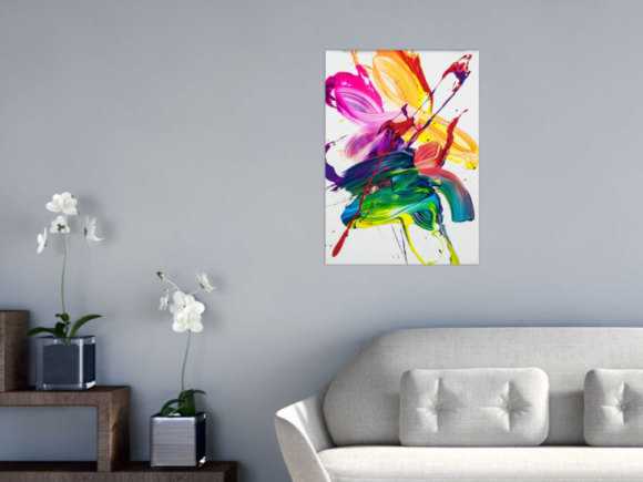 Gemälde Original abstrakt 70x50cm Action Painting Modern Art handgefertigt Fluid Painting weiß bunt gelb Unikat
