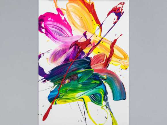 Gemälde Original abstrakt 70x50cm Action Painting Modern Art handgefertigt Fluid Painting weiß bunt gelb Unikat