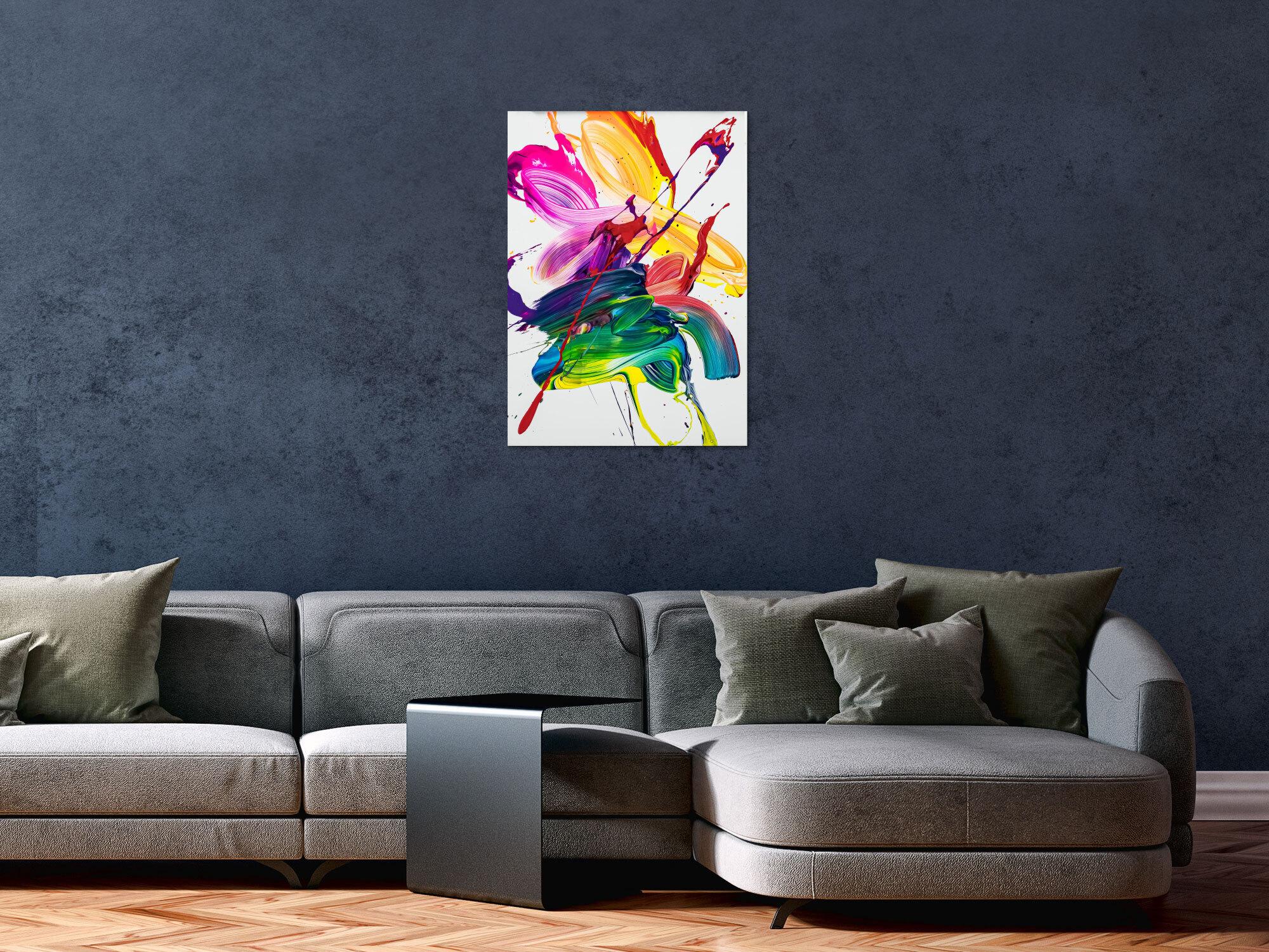 Gemälde Original abstrakt 70x50cm Action Painting Modern Art handgefertigt Fluid Painting weiß bunt gelb Unikat