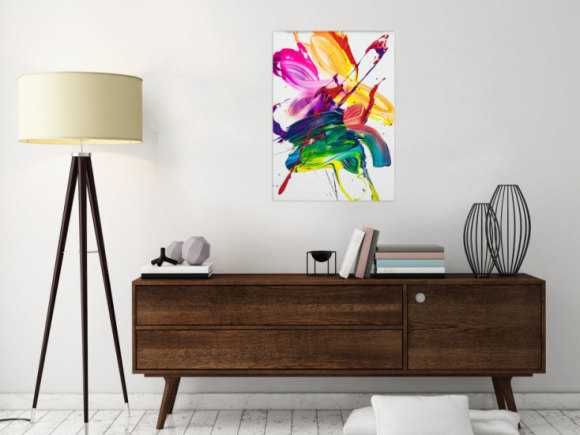 Gemälde Original abstrakt 70x50cm Action Painting Modern Art handgefertigt Fluid Painting weiß bunt gelb Unikat