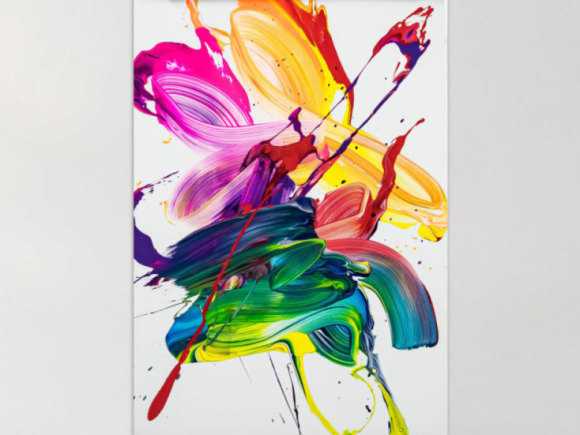 Gemälde Original abstrakt 70x50cm Action Painting Modern Art handgefertigt Fluid Painting weiß bunt gelb Unikat