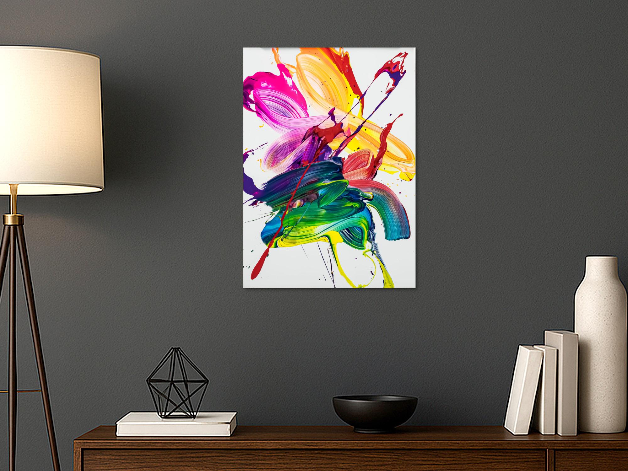 Gemälde Original abstrakt 70x50cm Action Painting Modern Art handgefertigt Fluid Painting weiß bunt gelb Unikat