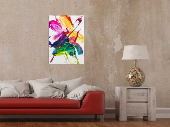 Gemälde Original abstrakt 70x50cm Action Painting Modern Art handgefertigt Fluid Painting weiß bunt gelb Unikat