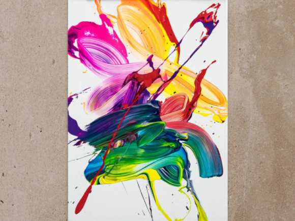 Gemälde Original abstrakt 70x50cm Action Painting Modern Art handgefertigt Fluid Painting weiß bunt gelb Unikat