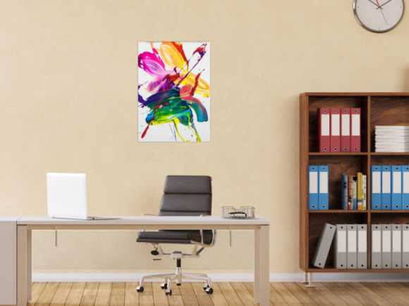 Gemälde Original abstrakt 70x50cm Action Painting Modern Art handgefertigt Fluid Painting weiß bunt gelb Unikat