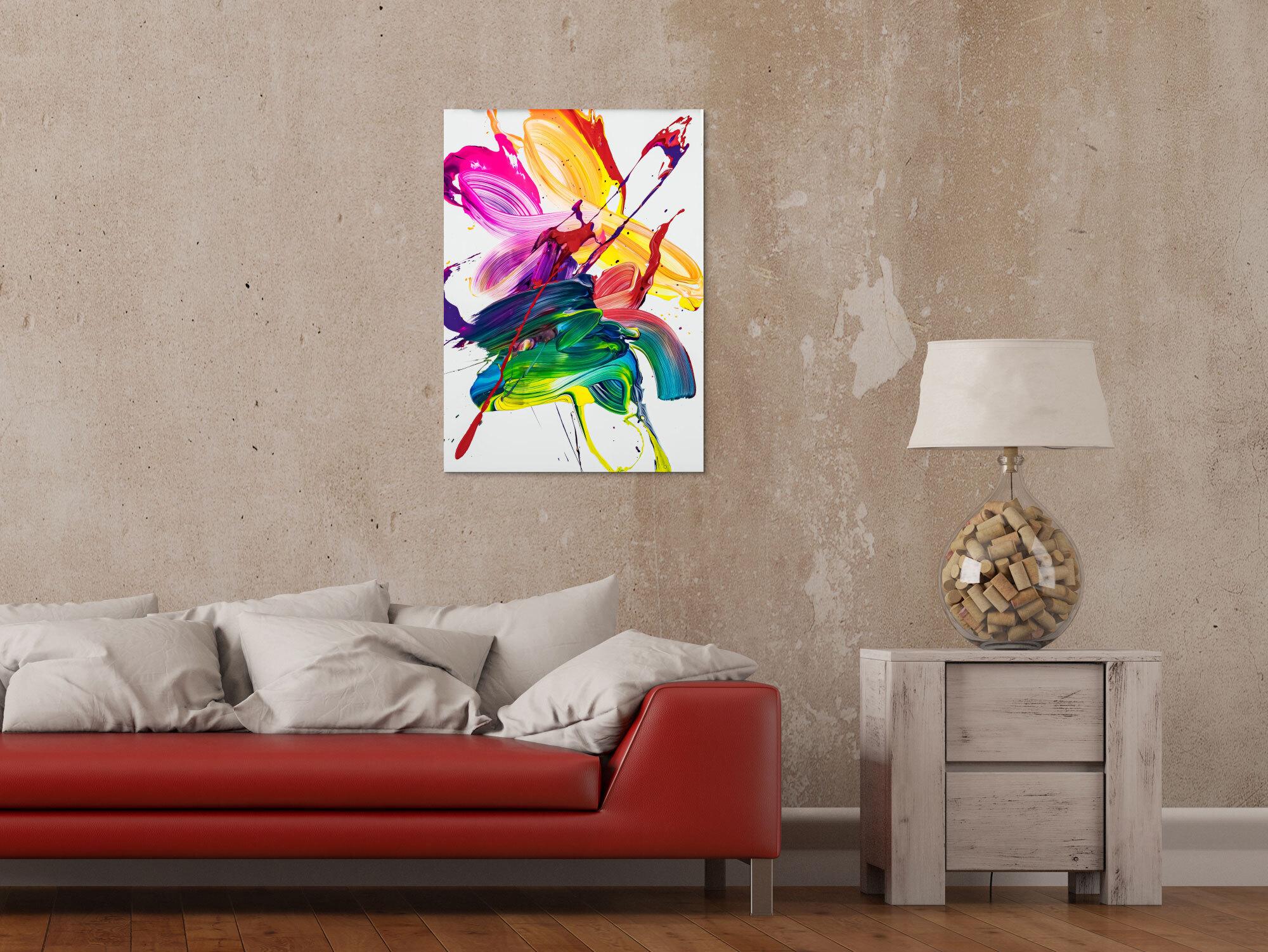 Gemälde Original abstrakt 70x50cm Action Painting Modern Art handgefertigt Fluid Painting weiß bunt gelb Unikat