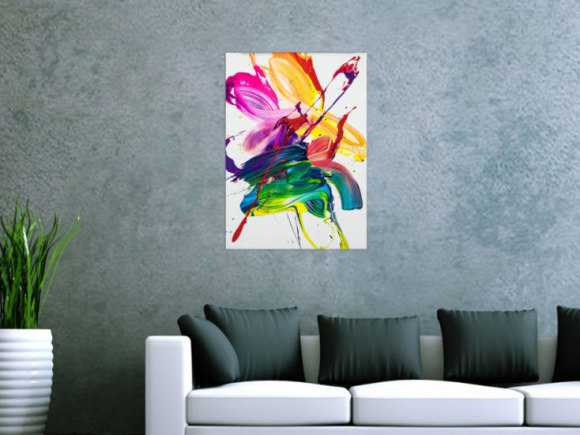 Gemälde Original abstrakt 70x50cm Action Painting Modern Art handgefertigt Fluid Painting weiß bunt gelb Unikat