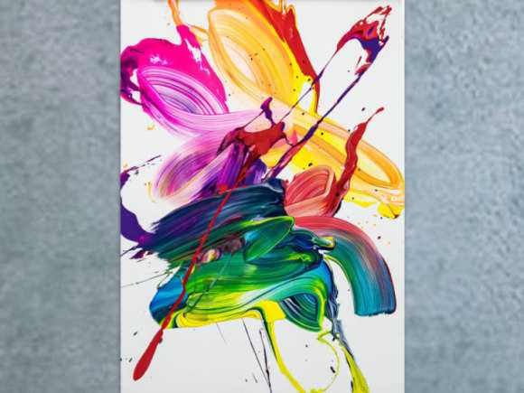 Gemälde Original abstrakt 70x50cm Action Painting Modern Art handgefertigt Fluid Painting weiß bunt gelb Unikat