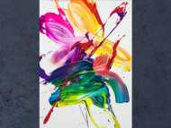 Gemälde Original abstrakt 70x50cm Action Painting Modern Art handgefertigt Fluid Painting weiß bunt gelb Unikat