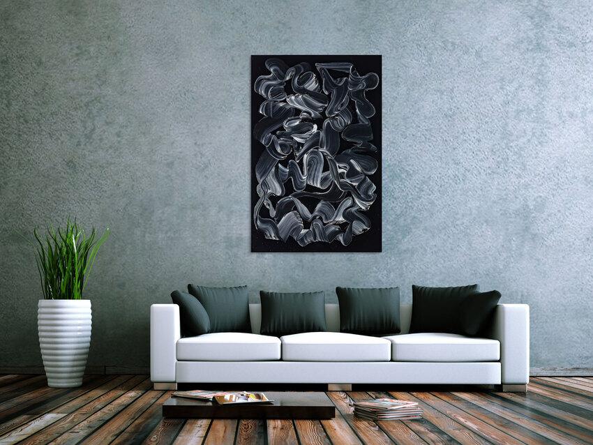 Gemälde Original abstrakt 120x80cm Minimalistisch expressionistisch handgemalt  schwarz schwarz weiss anthrazit hochwertig