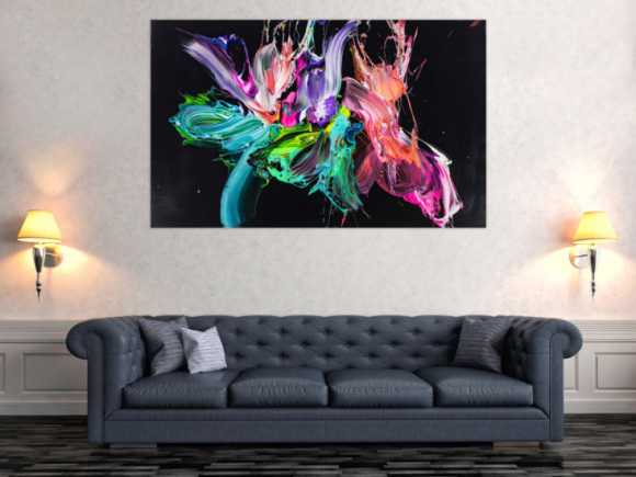 Abstraktes Original Gemälde 100x160cm Action Painting Modern Art auf Leinwand Mischtechnik schwarz bunt türkis Unikat