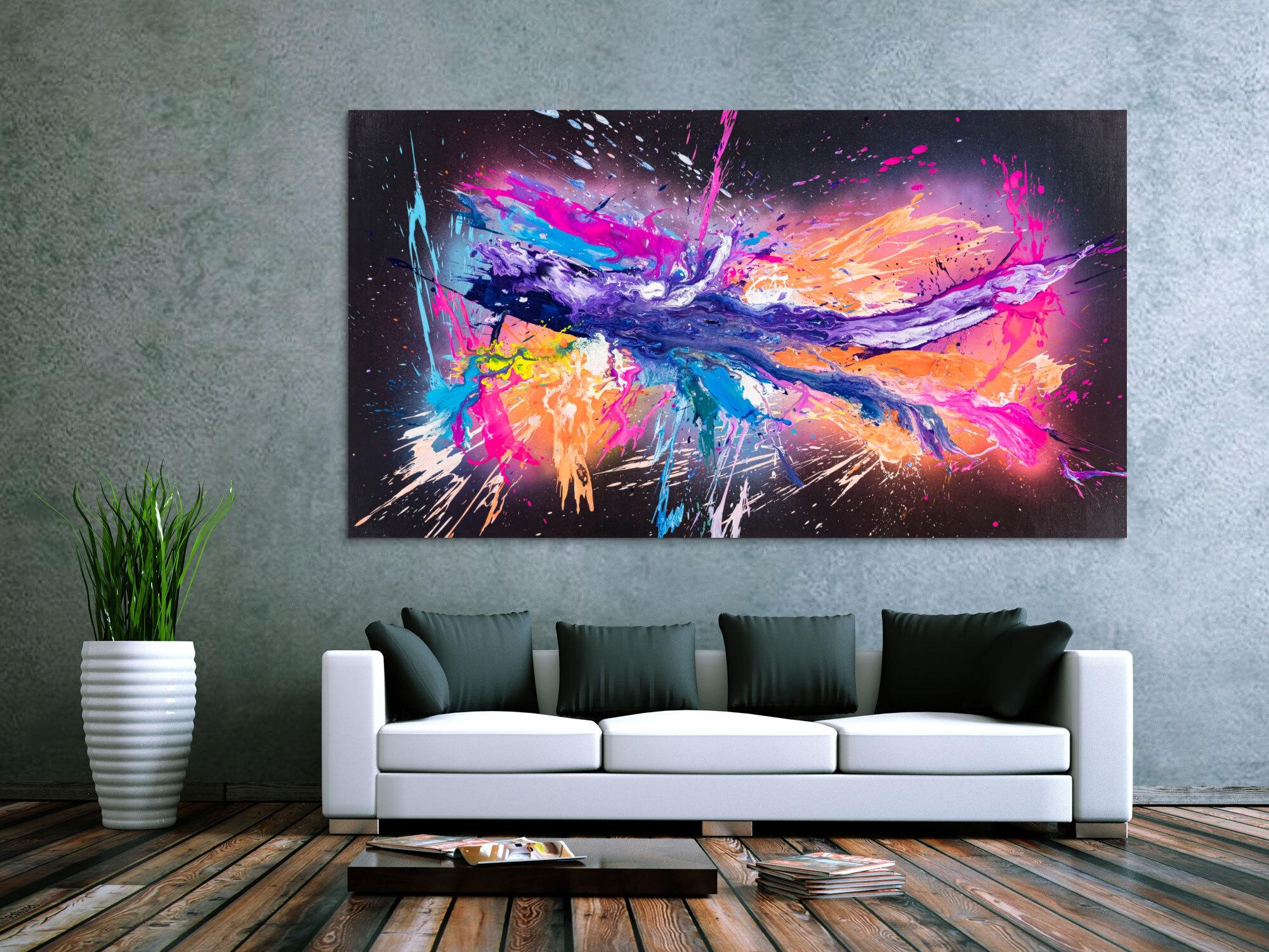 Original Gemälde abstrakt 120x220cm Action Painting zeitgenössisch auf Leinwand Mischtechnik schwarz violett orange einzigartig