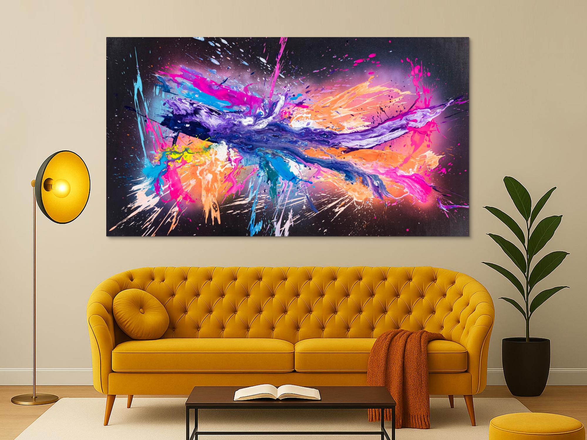 Original Gemälde abstrakt 120x220cm Action Painting zeitgenössisch auf Leinwand Mischtechnik schwarz violett orange einzigartig