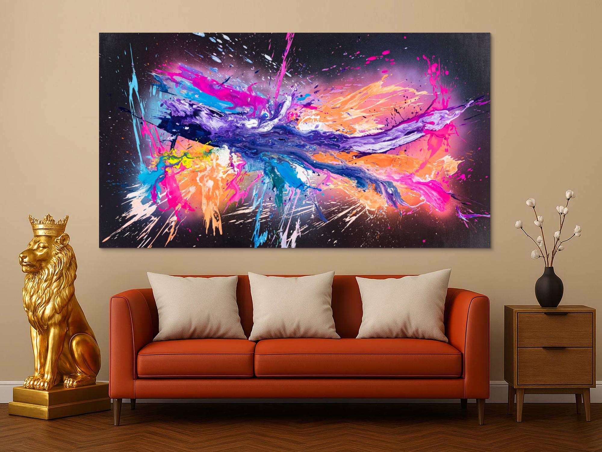 Original Gemälde abstrakt 120x220cm Action Painting zeitgenössisch auf Leinwand Mischtechnik schwarz violett orange einzigartig