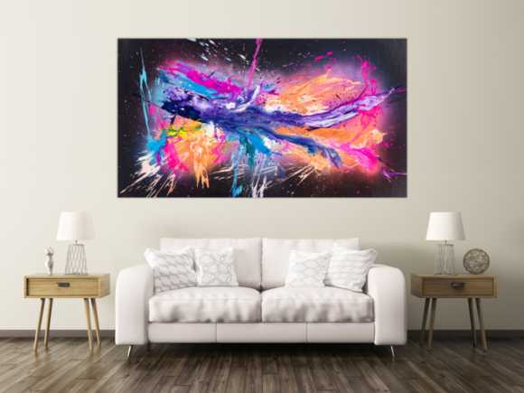 Original Gemälde abstrakt 120x220cm Action Painting zeitgenössisch auf Leinwand Mischtechnik schwarz violett orange einzigartig