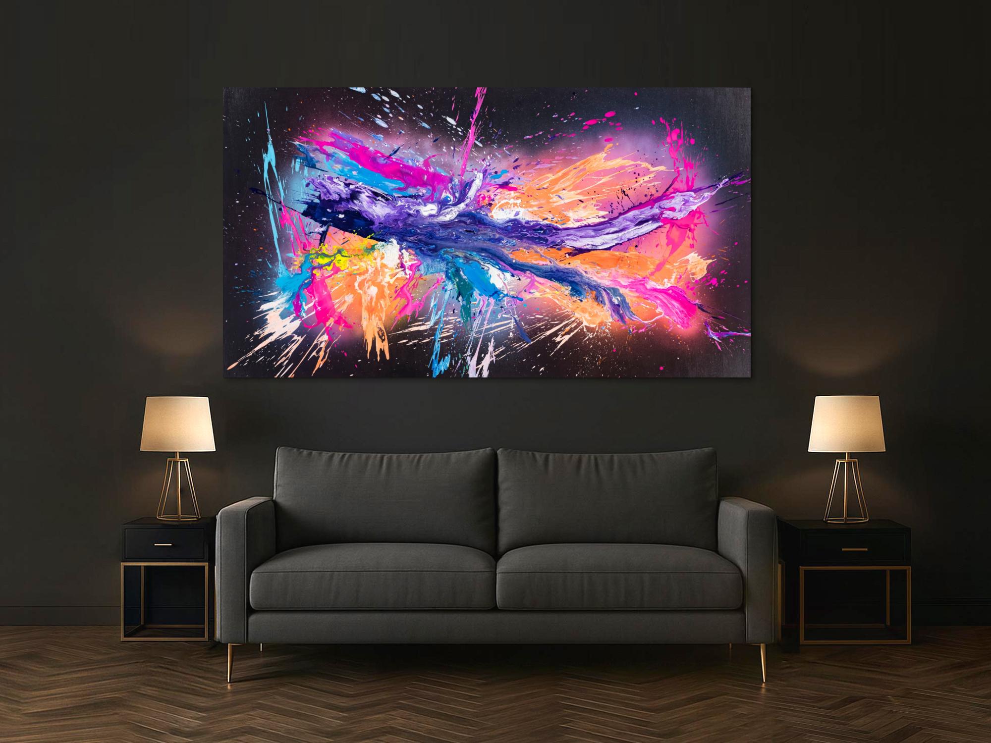 Original Gemälde abstrakt 120x220cm Action Painting zeitgenössisch auf Leinwand Mischtechnik schwarz violett orange einzigartig