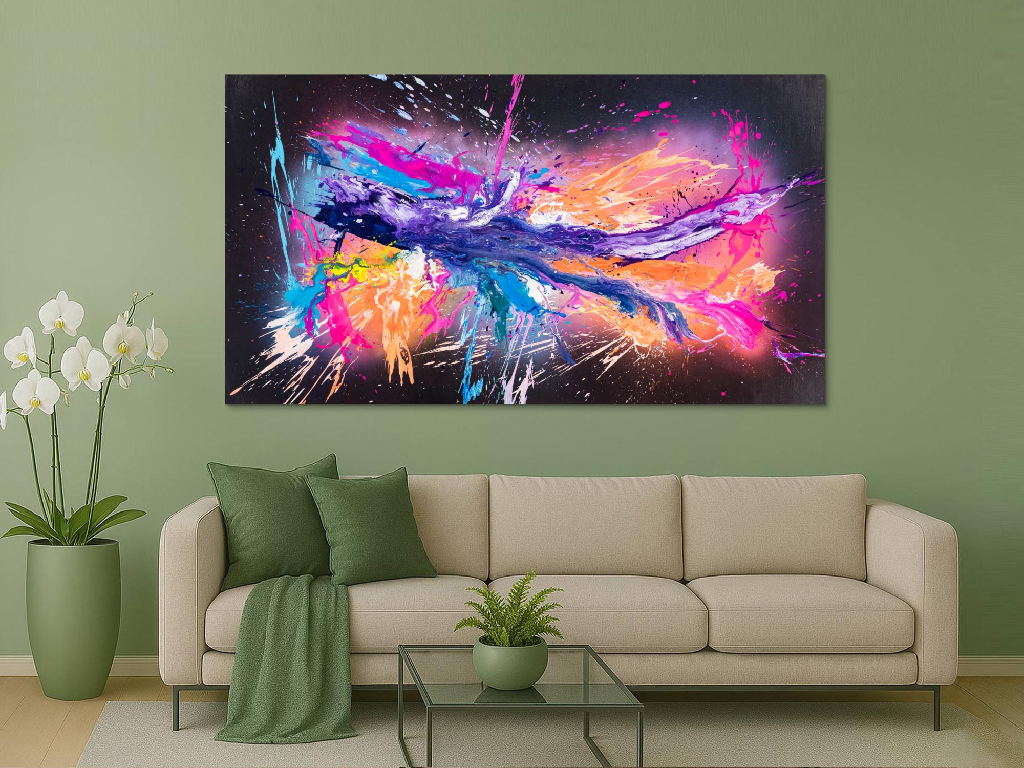 Original Gemälde abstrakt 120x220cm Action Painting zeitgenössisch auf Leinwand Mischtechnik schwarz violett orange einzigartig