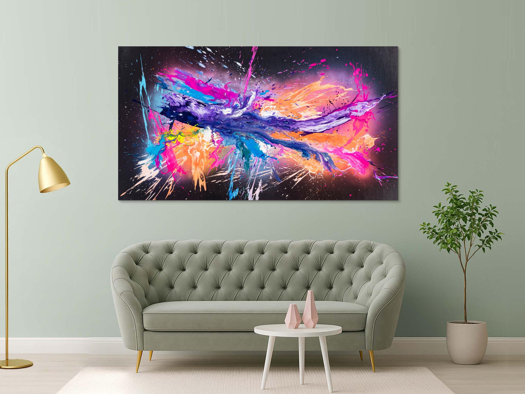 Original Gemälde abstrakt 120x220cm Action Painting zeitgenössisch auf Leinwand Mischtechnik schwarz violett orange einzigartig