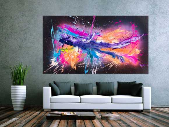 Original Gemälde abstrakt 120x220cm Action Painting zeitgenössisch auf Leinwand Mischtechnik schwarz violett orange einzigartig