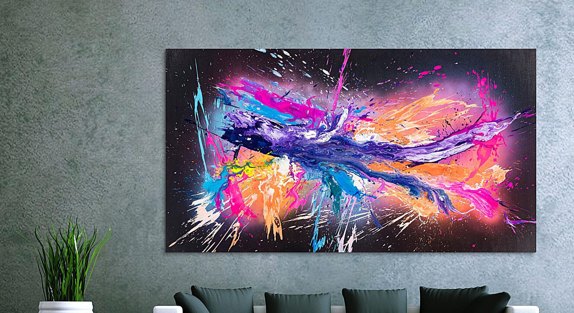 Original Gemälde abstrakt 120x220cm Action Painting zeitgenössisch auf Leinwand Mischtechnik schwarz violett orange einzigartig