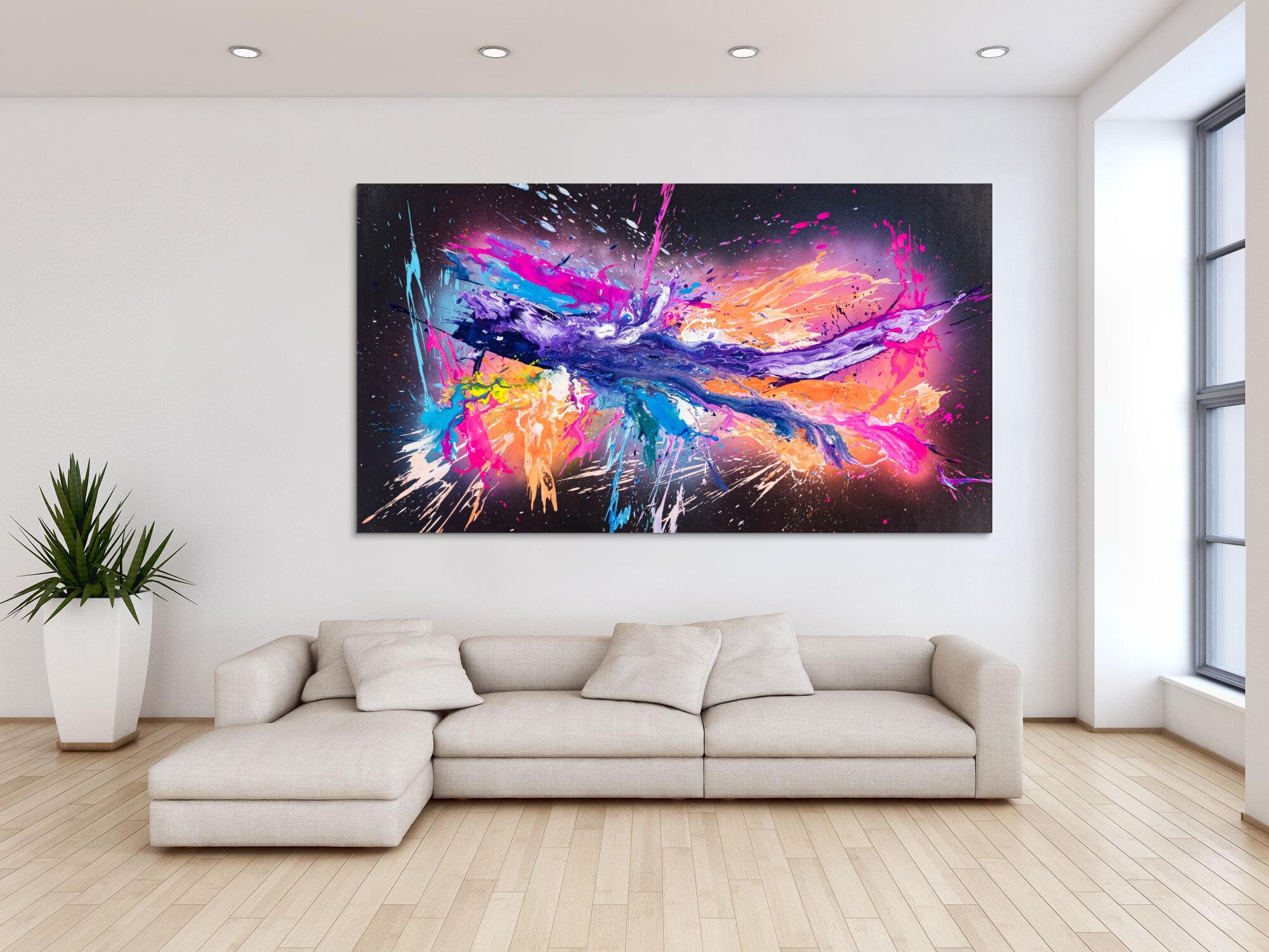 Original Gemälde abstrakt 120x220cm Action Painting zeitgenössisch auf Leinwand Mischtechnik schwarz violett orange einzigartig