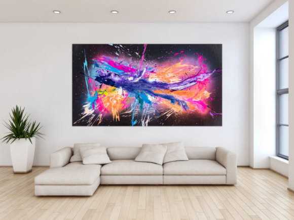 Original Gemälde abstrakt 120x220cm Action Painting zeitgenössisch auf Leinwand Mischtechnik schwarz violett orange einzigartig