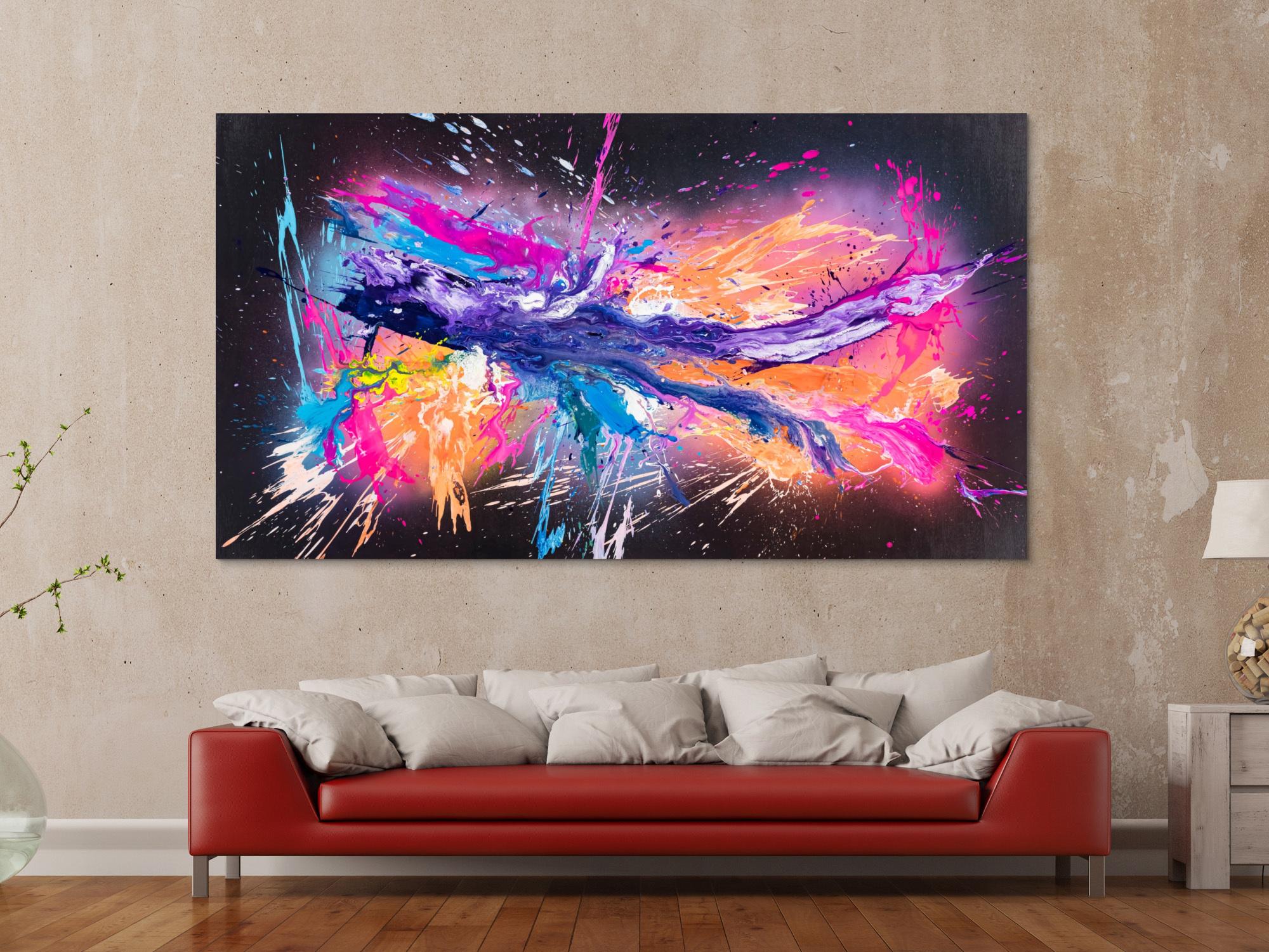 Original Gemälde abstrakt 120x220cm Action Painting zeitgenössisch auf Leinwand Mischtechnik schwarz violett orange einzigartig