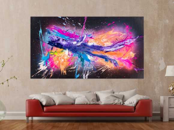 Original Gemälde abstrakt 120x220cm Action Painting zeitgenössisch auf Leinwand Mischtechnik schwarz violett orange einzigartig