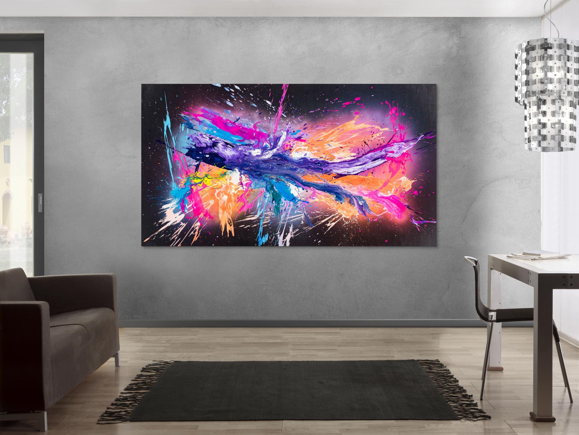 Original Gemälde abstrakt 120x220cm Action Painting zeitgenössisch auf Leinwand Mischtechnik schwarz violett orange einzigartig