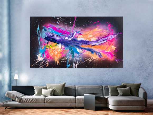 Original Gemälde abstrakt 120x220cm Action Painting zeitgenössisch auf Leinwand Mischtechnik schwarz violett orange einzigartig