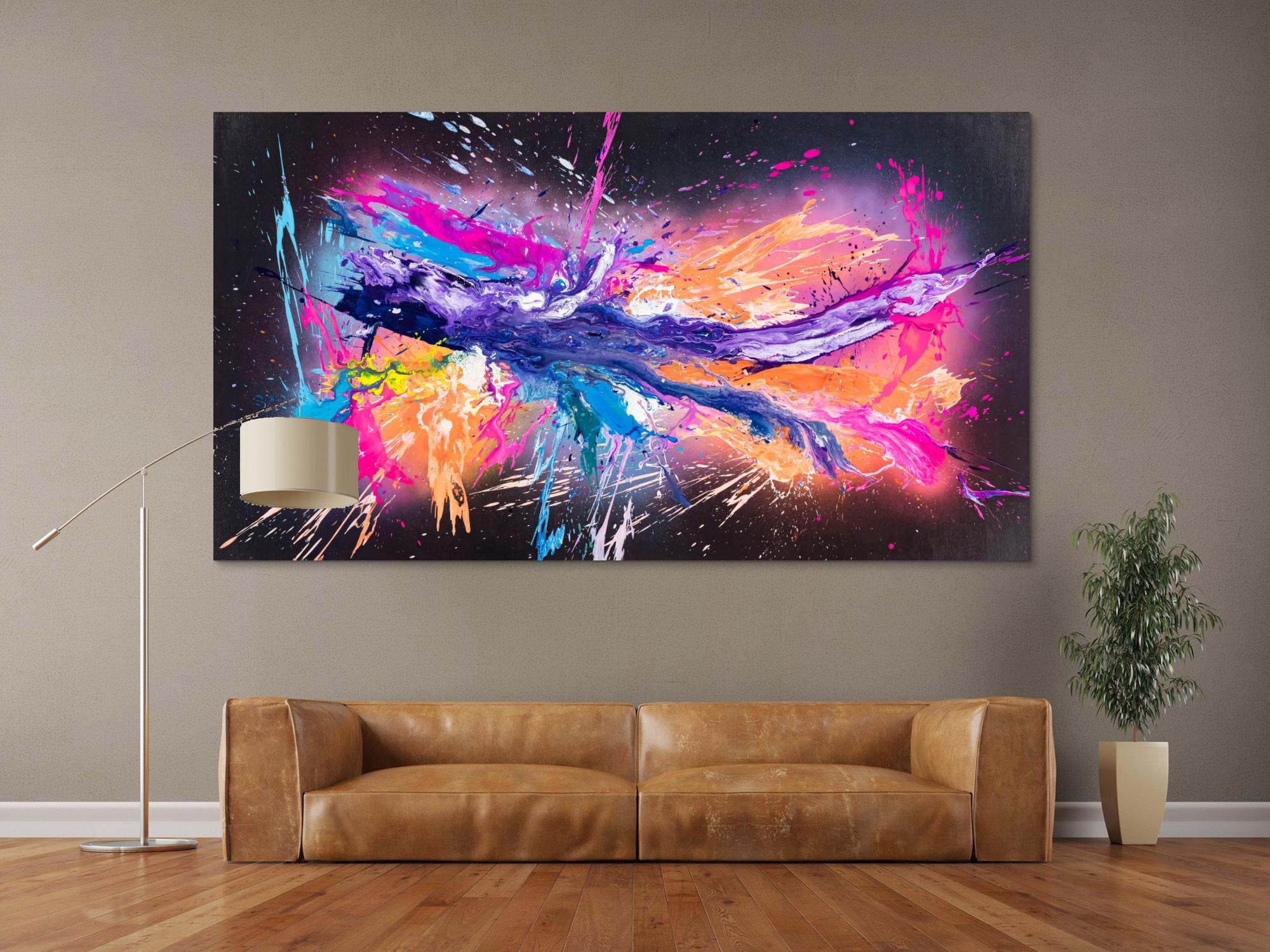 Original Gemälde abstrakt 120x220cm Action Painting zeitgenössisch auf Leinwand Mischtechnik schwarz violett orange einzigartig