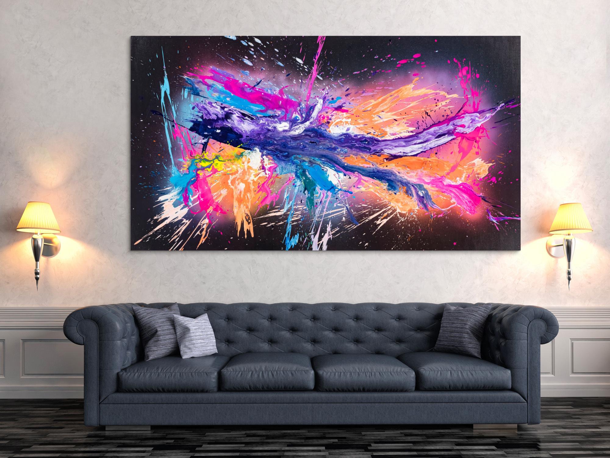 Original Gemälde abstrakt 120x220cm Action Painting zeitgenössisch auf Leinwand Mischtechnik schwarz violett orange einzigartig