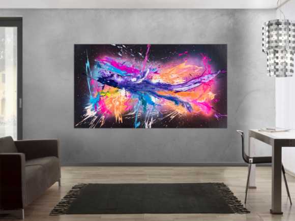 Original Gemälde abstrakt 120x220cm Action Painting zeitgenössisch auf Leinwand Mischtechnik schwarz violett orange einzigartig