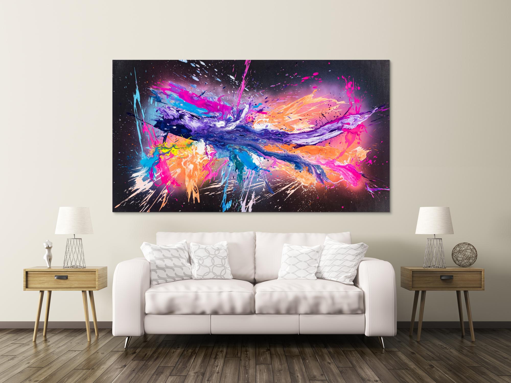 Original Gemälde abstrakt 120x220cm Action Painting zeitgenössisch auf Leinwand Mischtechnik schwarz violett orange einzigartig