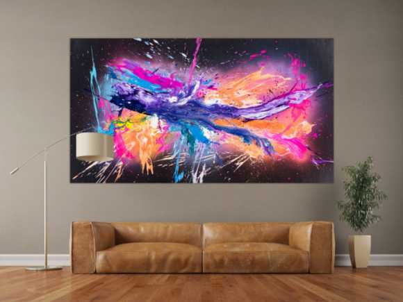 Original Gemälde abstrakt 120x220cm Action Painting zeitgenössisch auf Leinwand Mischtechnik schwarz violett orange einzigartig