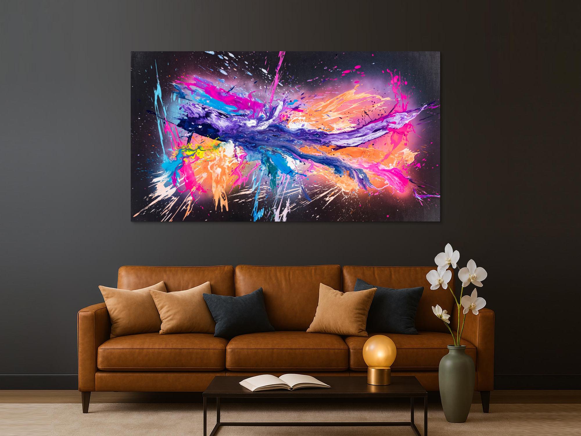 Original Gemälde abstrakt 120x220cm Action Painting zeitgenössisch auf Leinwand Mischtechnik schwarz violett orange einzigartig