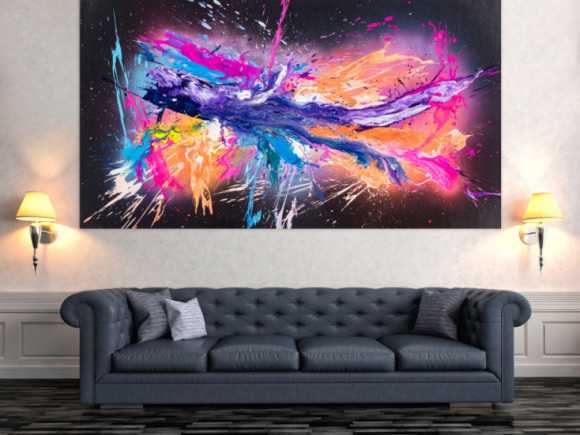 Original Gemälde abstrakt 120x220cm Action Painting zeitgenössisch auf Leinwand Mischtechnik schwarz violett orange einzigartig