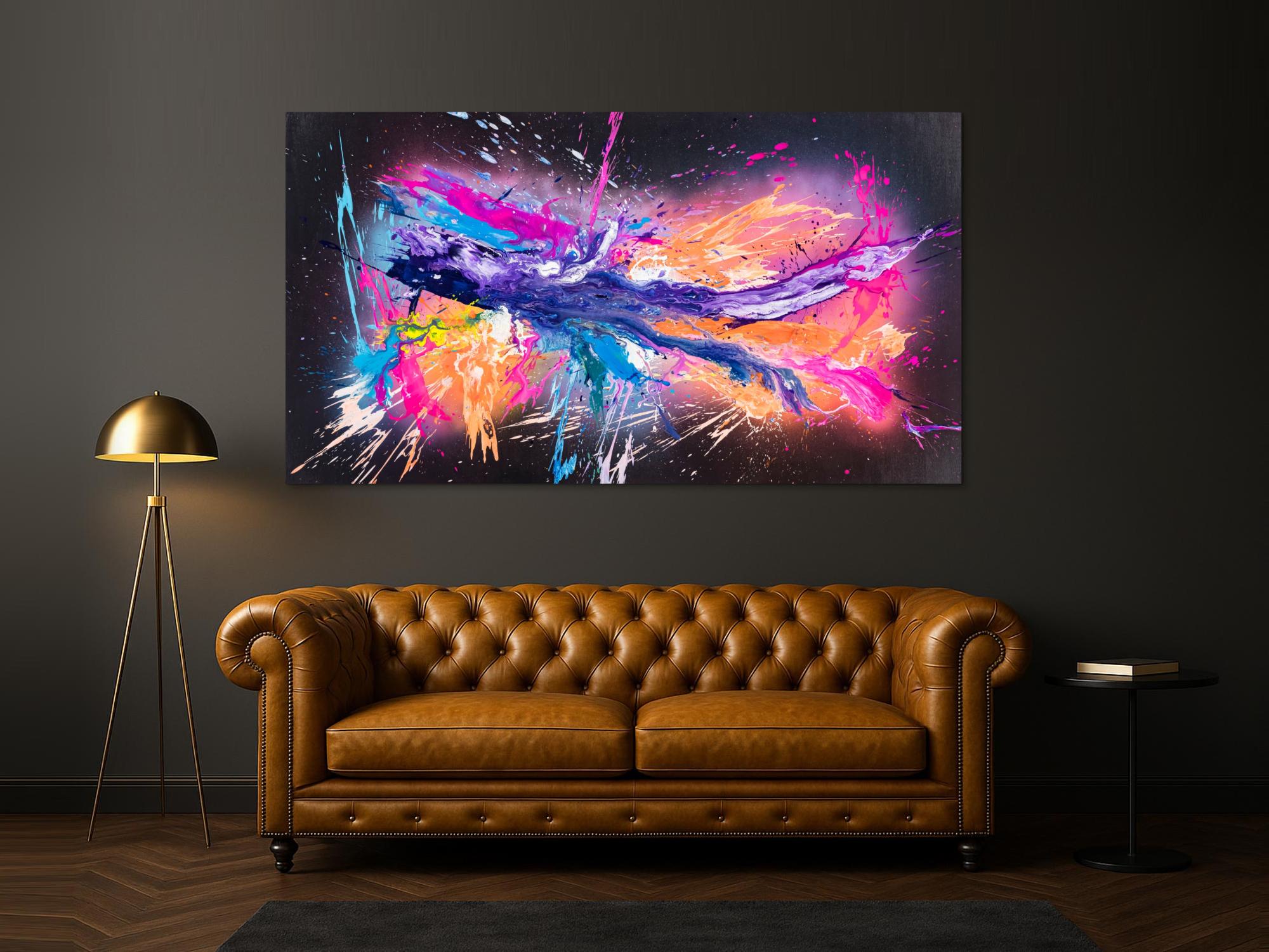 Original Gemälde abstrakt 120x220cm Action Painting zeitgenössisch auf Leinwand Mischtechnik schwarz violett orange einzigartig